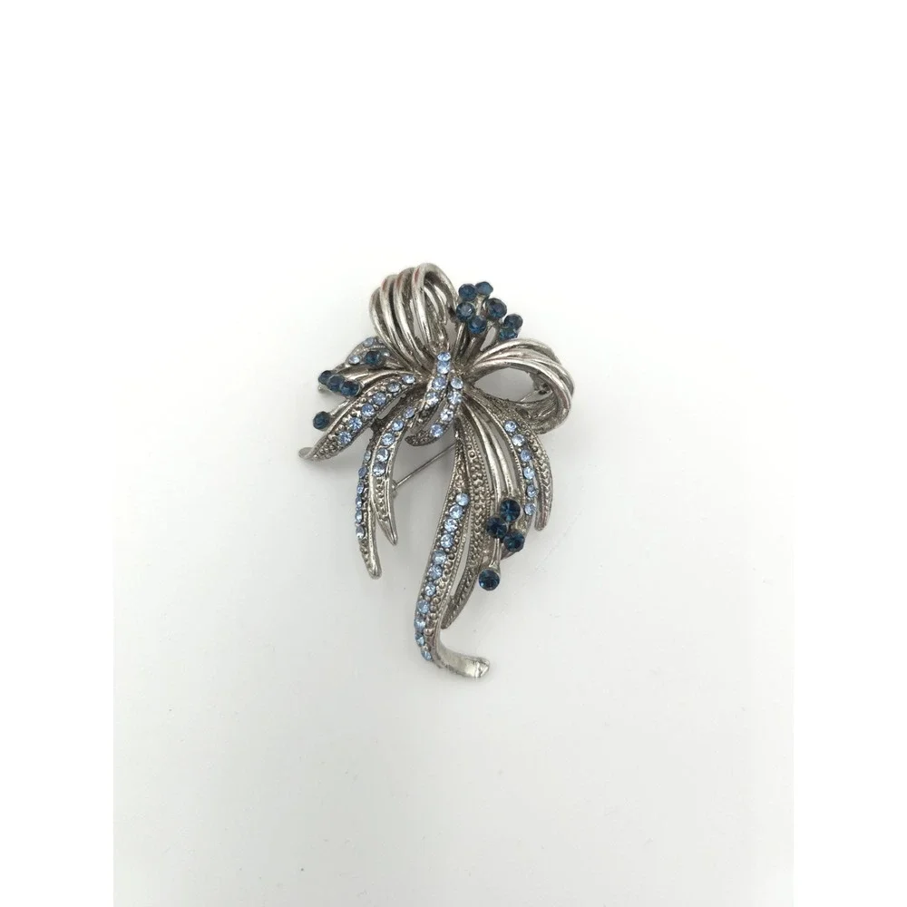Silver Tone Brooch Blue Rhinestones Bow Ribbon